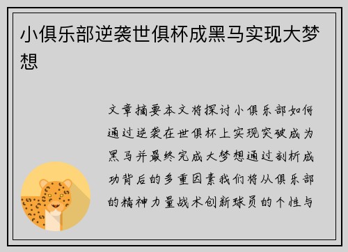 小俱乐部逆袭世俱杯成黑马实现大梦想